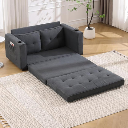ERYE Foldable Loveseat Sofa Convertible Pull Out Sleeper Sofabed,2 Seat Tufted Upholstered Sofa Modern Convertible Sleeper Couch Bed with Cupholders and Side Pockets