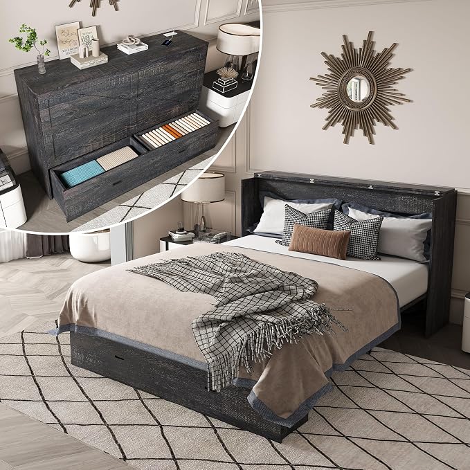Bellemave Full Murphy Bed with Mattresses and Charging Stations and Storage Drawer, Farmhouse Murphy Cabinet Bed with Foldable Panel, Noisy Free, for Guest Bedroom, Living Room, Carbon Black