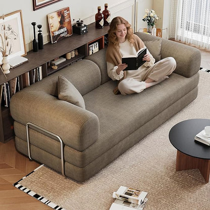 JINGLING 79" Queen Sleeper Sofa Bed with Memory Foam, Compressed Couch in a Box, Foldable Convertible Small Couches for Small Spaces Bedroom Game Room, Corduroy Fabric, Camel
