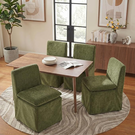 KISLOT Upholstered Dining Chairs Set of 4 with Casters, Modern Armless Kitchen Chairs with Removable Washable Cover, Chenille Velvet Fabric, Sturdy Metal & Wood Frame, 19.5" Seat Height, Green
