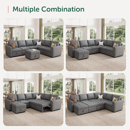 HONBAY Modular Sectional Sleeper Sofa with Pull Out Bed, Convertible L Shaped Couch with Storage Seat, Sectional Couches for Living Room,Grey
