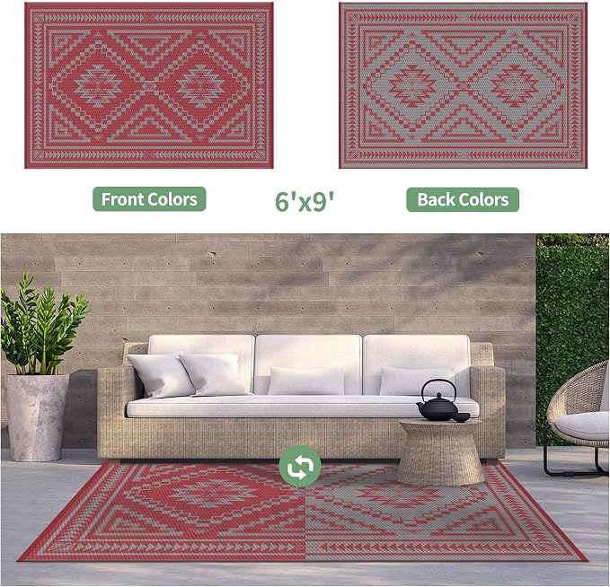 GENIMO Outdoor Rug for Patio Clearance - 6x9 ft Waterproof Plastic Camping Rugs, Reversible Outside Rv Mat Carpet for Porch, Deck, Picnic, Balcony, Beach, Backyard, Red Grey