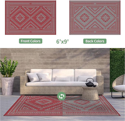 GENIMO Outdoor Rug for Patio Clearance - 6x9 ft Waterproof Plastic Camping Rugs, Reversible Outside Rv Mat Carpet for Porch, Deck, Picnic, Balcony, Beach, Backyard, Red Grey