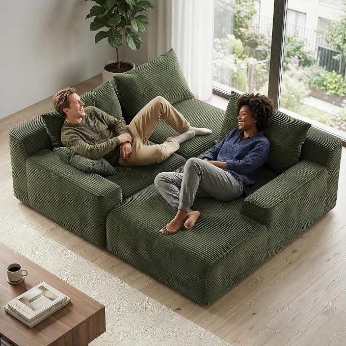 Homkdom 98" Boneless Couches for Living Room, L-Shape Modular Sectional Sofa with Deep Seat Oversized Right Facing Chaise, Cloud Couch for Apartment, Small Space (Green)
