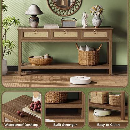 SUPERJARE Rattan Console Sofa Table with Outlets and USB-C Port, 3 Drawer Entryway Table with Synthetic Rattan Surface, 53.9 Inch, Open Shelf, Behind Couch Entry Foyer Hallway Storage, Brown