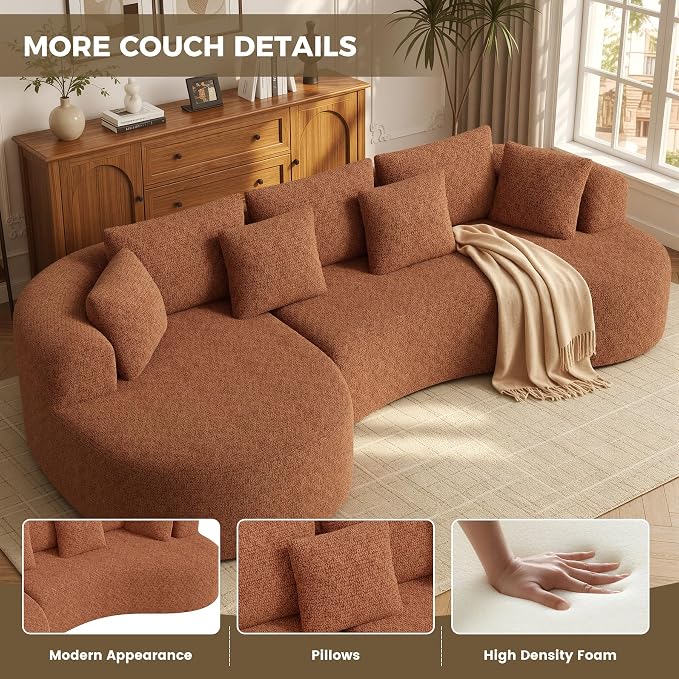 126" Oversized Curved Sectional Sofa for Living Room, Boneless Modern Couch with Chaise, Cloud Couch with 7 Pillows, No Assembly, Caramel 1PCS
