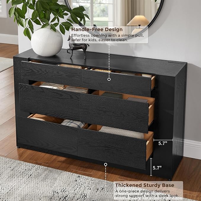 OKD 6 Drawer Dresser for Bedroom, 54" Wide Chest of Drawers with Thick Wood Design, Handleless, Modern Bedroom Dresser, Storage Organizer for Living Room/Entryway/Hallway, Black Oak