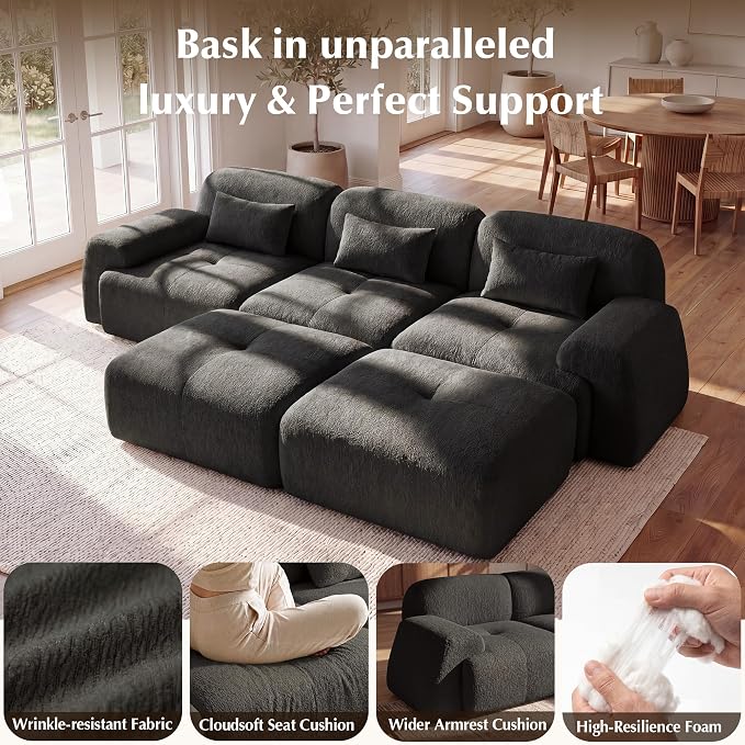 118'' Modular Sectional Cloud Couch Boneless Couches, Oversize Curved Sectional Couches for Living Room, Deep Seat Couch Lambswool Sofa with Ottoman & Throw Pillows, No Assembly, HR Foam