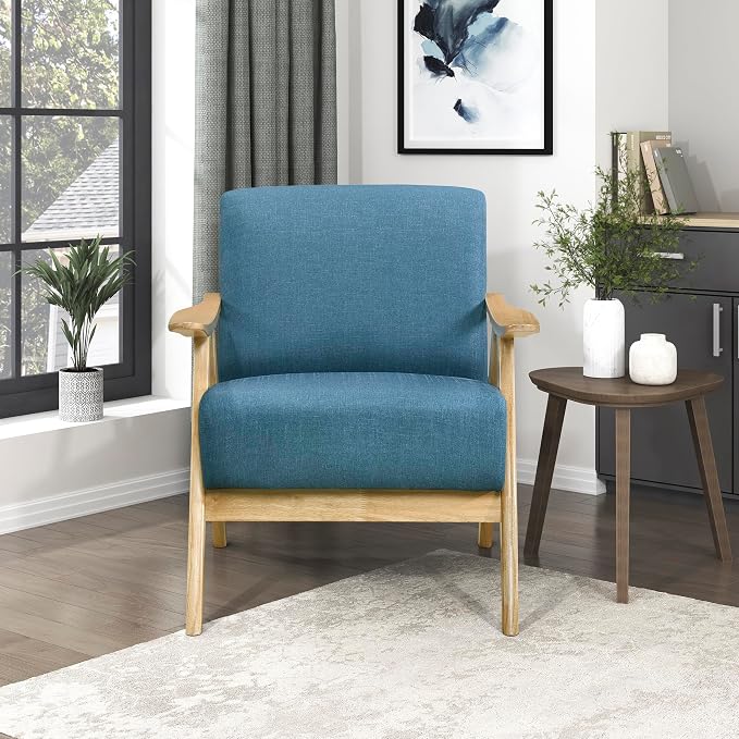 Lexicon Mid Century Modern Accent Chair with Solid Wood Frame in Natural Finish, Textured Fabric Living Room Lounge Arm Chair, Thick and Comfy Innerspring Seat Cushion, Linen-Look Fabric, Blue