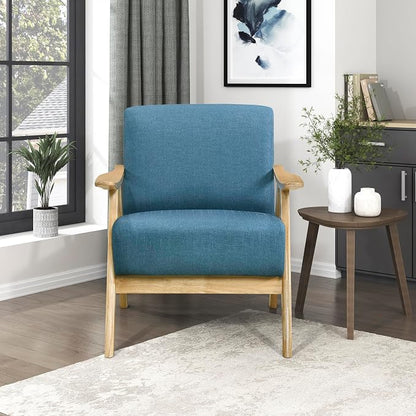 Lexicon Mid Century Modern Accent Chair with Solid Wood Frame in Natural Finish, Textured Fabric Living Room Lounge Arm Chair, Thick and Comfy Innerspring Seat Cushion, Linen-Look Fabric, Blue