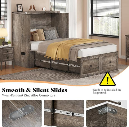 AMERLIFE Twin Murphy Bed Cabinet with Charging Station and Storage Drawer, Farmhouse Foldable Platform Bed for Home Office, Apartment, Small Spaces, Rustic Grey