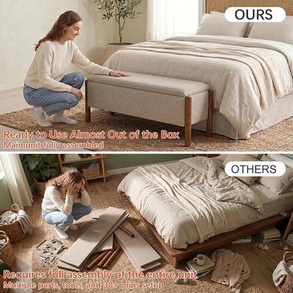 Modern Storage Benches with Walnut Wood Legs, 47'' Ottoman Bench with 20 Gallons Storage Space for Bedroom End of Bed, Fabric Upholstered Entryway Bench with Seating for Livingroom, Beige