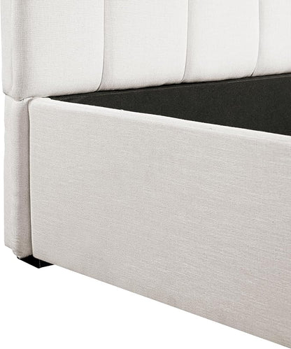 Merax King Size Upholstered Platform Bed with Thick Headboard and Footboard, Block Style Linen Fabric Bed Frame with Solid Wood Legs, Beige