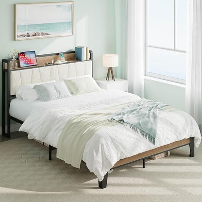 LIKIMIO Queen Bed Frames, Storage Headboard with Charging Station, Solid and Stable, Noise Free, No Box Spring Needed, Easy Assembly, Wood and Cream