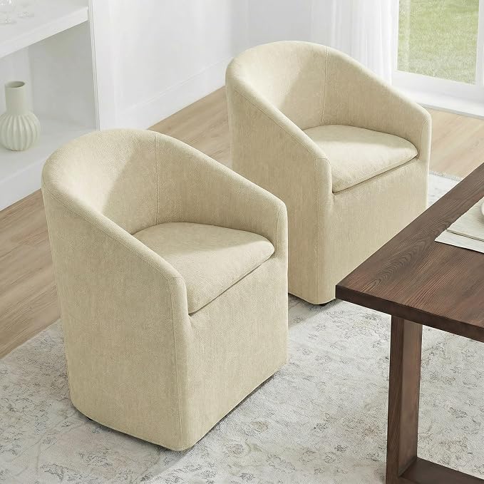 KISLOT Upholstered Dining Chairs Set of 2 with Casters, Modern Side Barrel Armchair with Washable Slipcover & Sturdy Metal Frame for Diningroom Bedroom Livingroom Reading Room, Sand Fabric