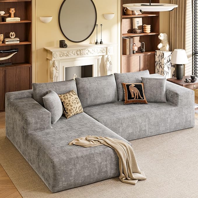 YESHOMY Boneless Couches for Living Room, 108" Sectional Modular Sectional Sofa with Deep Seat, Cloud Comfy Couch with L-Shape Chaise, Easy Assembly (Chenille, Pearl Gray)