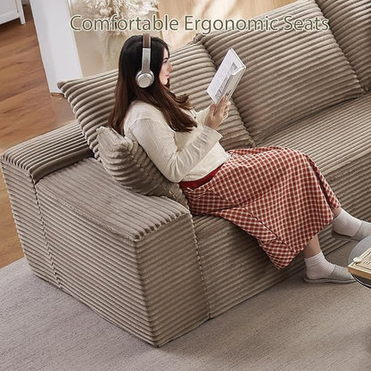 140" L Shaped Cloud Sectional Couch for Living Room, Modular Floor Deep-Seat Sofa, Big Comfy Corduroy Couches Set with Fluffy Memory Foam for Living Room Bedroom, No Assembly Required, Camel