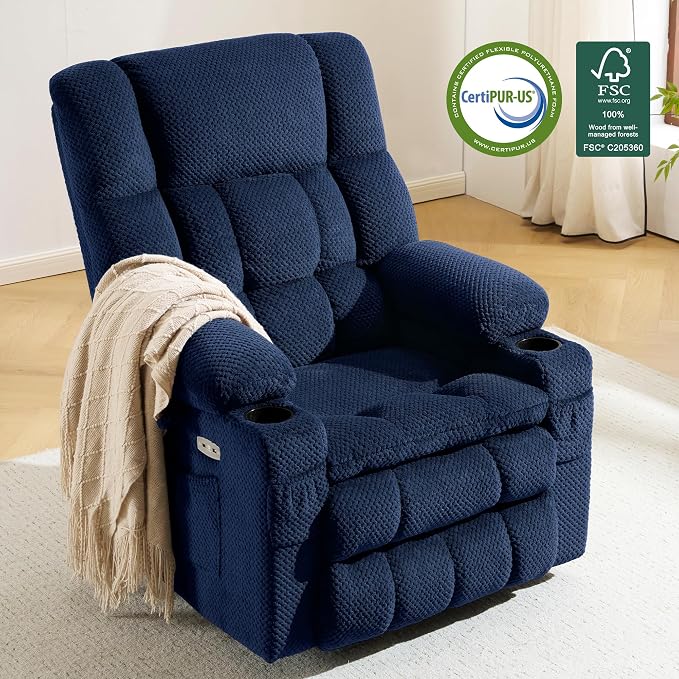 MCombo Large Dual Motor Power Lift Recliner Chair for Elderly, Zero Gravity Lift Chair with Heat and Massage, Infinite Position Lay Flat Recliner, USB Ports, Fabric 7896 (Large, Navy Blue)