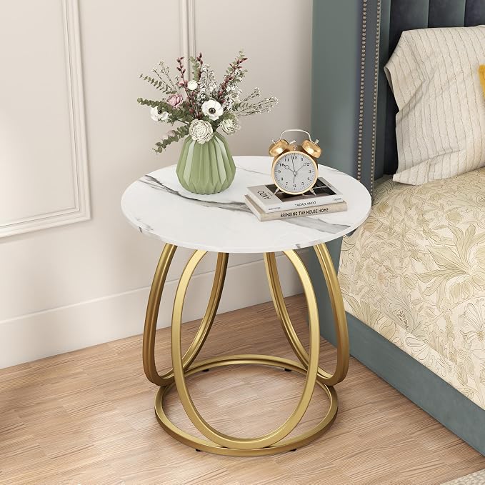 O&K FURNITURE Gold Side Table for Living Room, Round End Table with Chrome Finish, Contemporary Nightstand, Bedroom & Home Office, 1PC