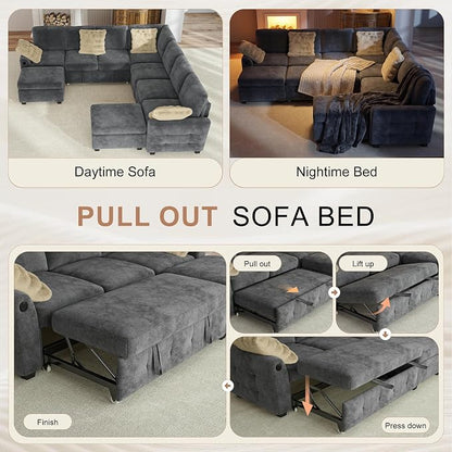 Hanherry 106" Sectional Sofa with Pull Out Couch Bed,7 Seat Chenille Sleeper Sofa with 2 Seat Storage & USB Charging,Storage Ottoman,Comfy Modular Couches for Living Room,Apartment