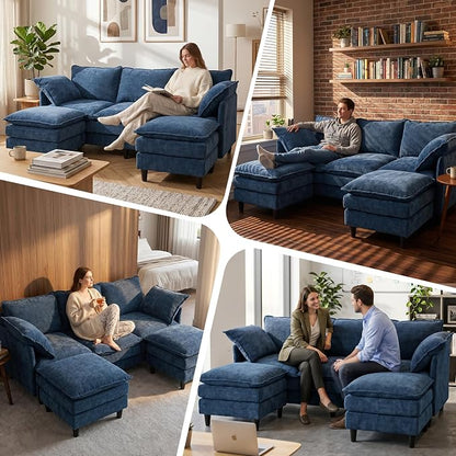 3 Seater U-Shape Couch Sofa with Ottomans, 69" Small Couch Modern Comfy Cloud Sofa with 23" Deep Washable Pillow ChenilleCover Couches for Living Room Bedroom Apartment Office 69-Blue-U