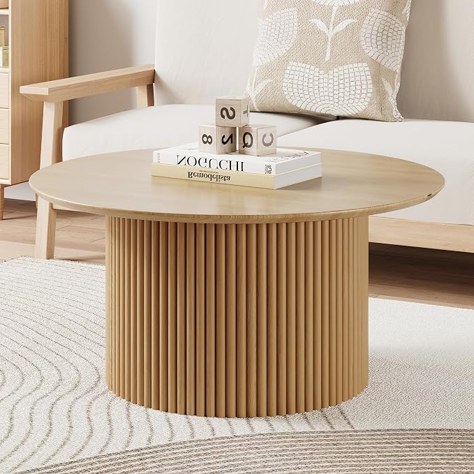 31.5" Round Coffee Table, Modern Fluted Accent Center Table with Metal Frame, Wooden Circle Coffee Tables for Living Room Small Space or Office (Natural)