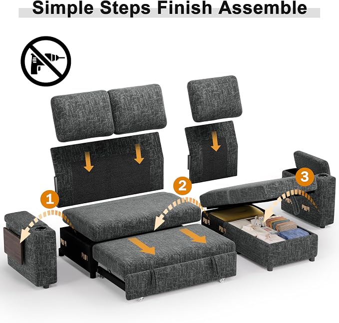 Vipbear Premium 86" Modular Sectional Sleeper Sofa, 3 Seat Chenille Sleeper Sofa with Pull Out Bed for Living Room, L Shaped Couch with Storage Chaise&Armrests|USB Ports|Cup Holders|Side Table, Grey