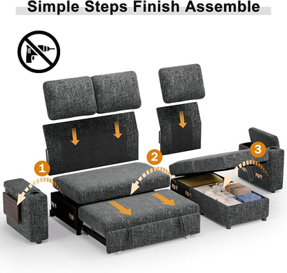 Vipbear Premium 86" Modular Sectional Sleeper Sofa, 3 Seat Chenille Sleeper Sofa with Pull Out Bed for Living Room, L Shaped Couch with Storage Chaise&Armrests|USB Ports|Cup Holders|Side Table, Grey