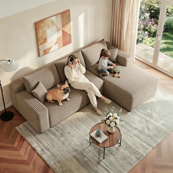 JINGLING 94" L Shape Couch with Right Chaise, Memory Foam Boneless Sectional Sofa in a Box, No Assembly Modular Small Couches for Small Spaces, Living Room, Apartments, Plush Corduroy, Camel
