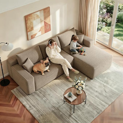 JINGLING 94" L Shape Couch with Right Chaise, Memory Foam Boneless Sectional Sofa in a Box, No Assembly Modular Small Couches for Small Spaces, Living Room, Apartments, Plush Corduroy, Camel