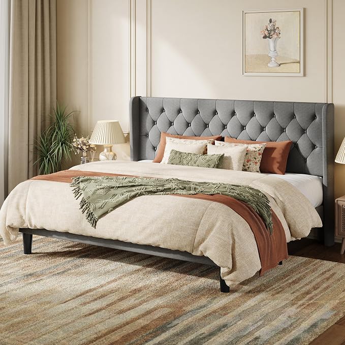 SHA CERLIN King Size Upholstered Platform Bed Frame with Wingback Headboard, Tufted Linen Fabric, Wooden Slats Support, Easy Assembly, Light Grey