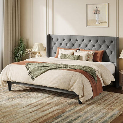 SHA CERLIN King Size Upholstered Platform Bed Frame with Wingback Headboard, Tufted Linen Fabric, Wooden Slats Support, Easy Assembly, Light Grey
