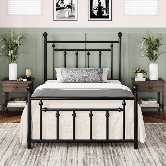 Allewie 14 Inch Twin Size Metal Platform Bed Frame with Victorian Vintage Headboard and Footboard/Mattress Foundation/Under Bed Storage/No Box Spring Needed/Easy Assembly/Noise Free/Black