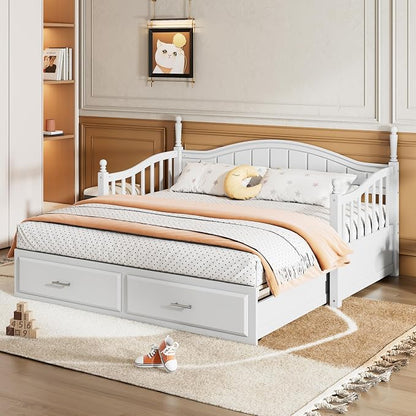 Merax Multifunctional Extending Day Bed with Trundle & Drawers Twin to King Wood Sofa Bed with Headboard No Box Spring Needed White