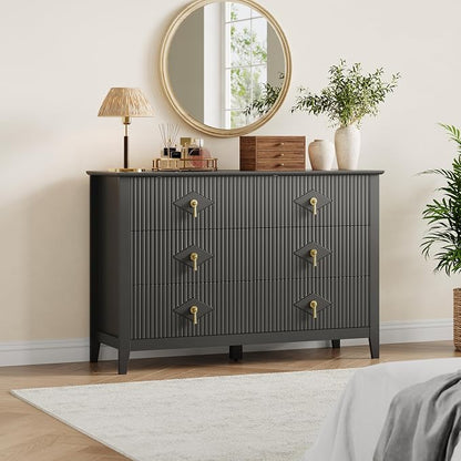 GarveeHome Fluted Dresser for Bedroom, 47.2 Inch Wide 6-Drawer Wood Dresser, Modern Chest of Drawers, Storage Organizer Cabinet for Living Room, Hallway, Entryway, Black