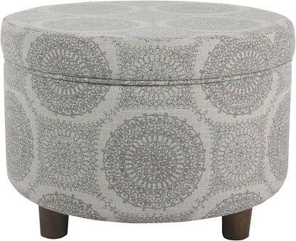 Homepop Home Decor | Upholstered Round Storage Ottoman | Ottoman with Storage for Living Room & Bedroom (Grey Medallion) 24.0 In. X 24.0 In. X 17.0 In.