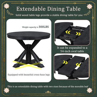 LUMISOL 42"-54" Extendable Round Dining Table for 4-6, Farmhouse Round to Oval Kitchen Table with 12" Removable Leaf and Pedestal Base, Wood Dinner Tables for Dining Room, Living Room, Espresso