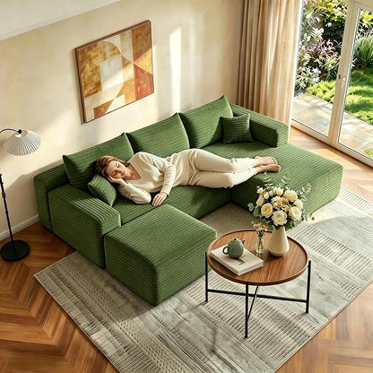 JINGLING 94" U Shaped Boneless Sectional Couch Set for Living Room, Plush Corduroy Modular Sofa with Ottoman, Small Space Apartment Couch, No Assembly, Right Facing Chaise, Green