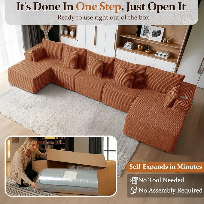 168" Cloud Sectional Couch, Comfort U Shaped Sofa for Living Room, Extra Deep Seats No Assembly, Minimalist Modular Couch, Corduroy (Deep Orange, 7 Seats,U-Shape C)
