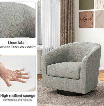 Swivel Barrel Accent Chair, Modern Round Linen Arm Chair for Living Room, Bedroom, Comfy Club Reading Chairs for Adults（Linen Fabric, Khaki, Set of 2