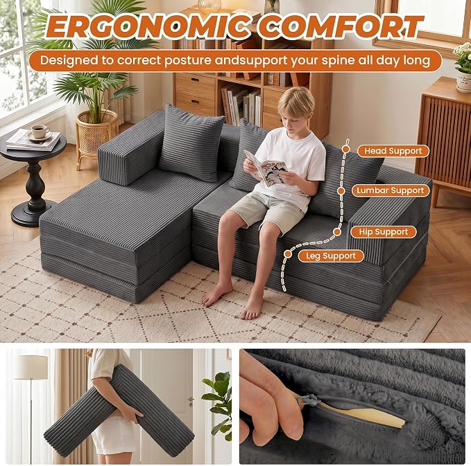 6-in-1 Tri-Folding Mattress | Cloud Boneless L-Shaped Modular Sectional Couches | Corduroy Pet-Friendly Convertible Futon Sofa Bed with 800LB Capacity Apartment, Guest Room, Game Room