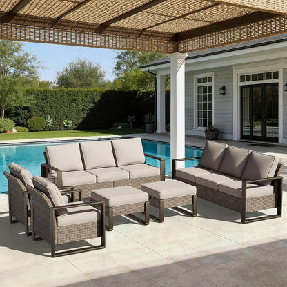 Joyside Outdoor Patio Chairs, 5 Pieces Wicker Rattan Furniture Set, 2 Patio Chairs, 2 Sofa and 2 Ottoman, Metal Wide Armrest, Thick Cushions and Deep Seating for Garden, Backyard, Porch, Deck