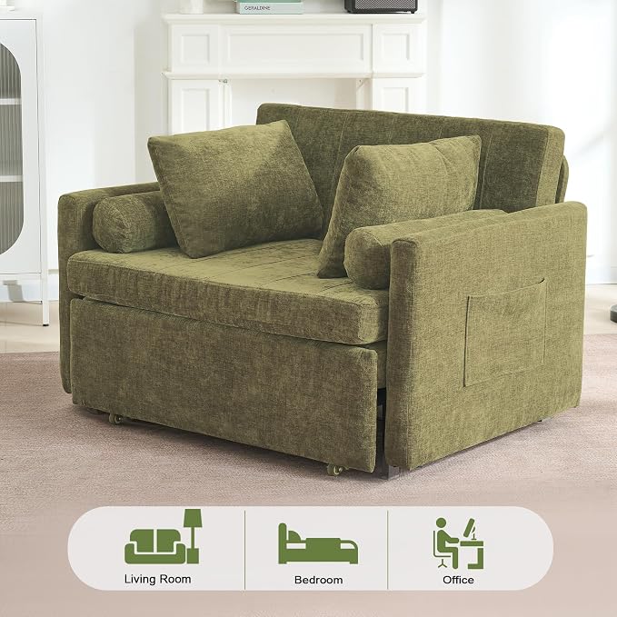 45" Oversize 3-in-1 Sleeper Chair Pull Out Bed, 75" Long Single Sleeper Sofa Bed with Wing Table and Side Pocket for Living Room, Bedroom, Small Space, Green