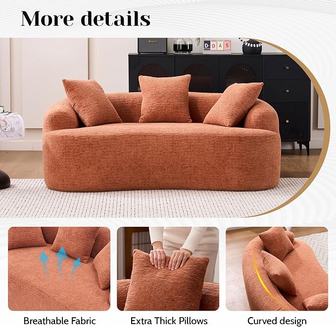 65" Curved Loveseat for Small Spaces,Boneless Loveseat Sofa,Wood Grain Chenille Fabric, No Installation Requirement, Curved Sofa Couch for Apartment,Living Room,Office (Coral, 65")