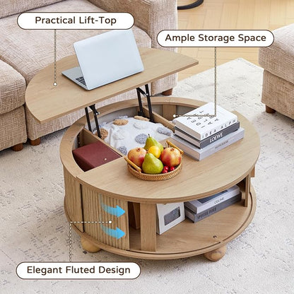 Fluted Round Lift Top Coffee Table with Hidden Storage, 33.5'' Modern Boho Center Table with Sliding Tambour Door & Solid Wood Legs, Circle Coffee Table for Living Room, Small Space, Natural
