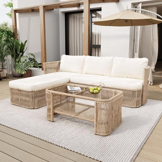 VilroCaz Outdoor PE Rattan Patio Furniture Sectional Sofa Set with Iron Frame, All-Weather Beige Wicker Conversation Set with Thick Cushions and Coffee Table for Garden Backyard Balcony