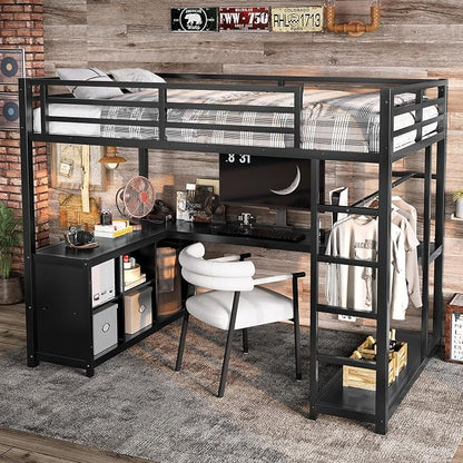 Bellemave Twin loft Bed with L Desk, Wardrobe, Metal Twin Loft Bed Frame for Adults, Kids, Teens, Black