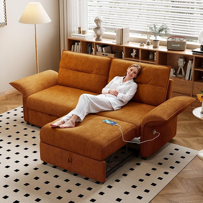 85" Pull Out Sofa Bed Full Size, Pre-Assembled Flannel Sleeper Sofa, Convertible Loveseat Futon Couch, Adjustable Armrest with USB, Pillows, for Apartment, Living Room, Small Spaces, Orange