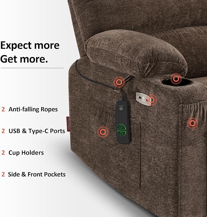 MCombo Power Lift Recliner Chair for Elderly, Lift Chair with Heat and Massage, USB &Type C Ports, Cup Holders, Fabric 7095 (Medium, Mocha)