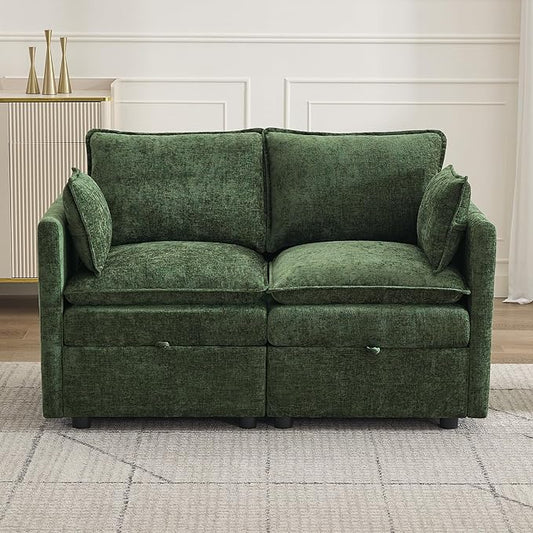 55" Cloud Modular Loveseat Sofa with Storage, Modern Upholstered Sofa Couch Small Love Seat, 2 Seater Chenille Comfy Sectional Sofa with Armrests for Living Room, Small Space, Green